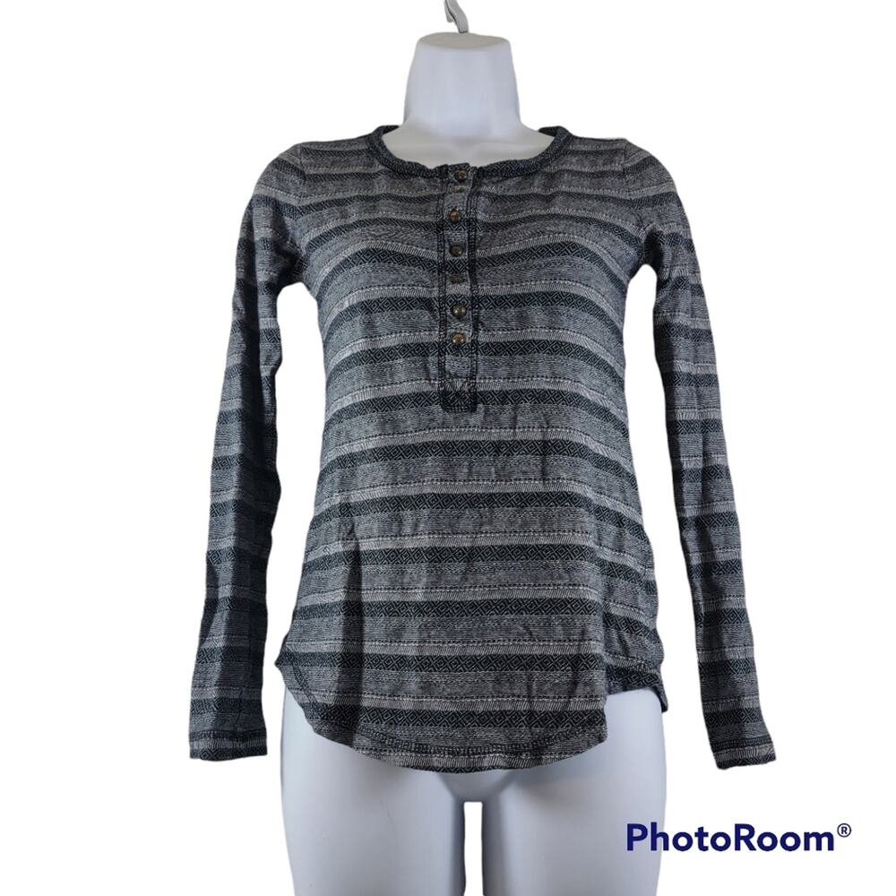 Lucky Brand Black/Grey/White Striped Button Down Henley Long Sleeve Top XS